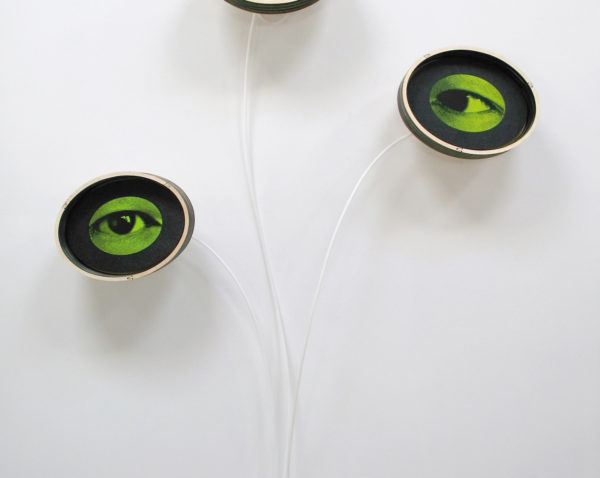 Alan Rath, Eyeris VIII, 2016. Sculpture: Birch plywood, acrylic, polyethylene, aluminum, custom electronics, LCDs, 87 x 60 x 10 inches. Courtesy of the artist and Carl Solway Gallery