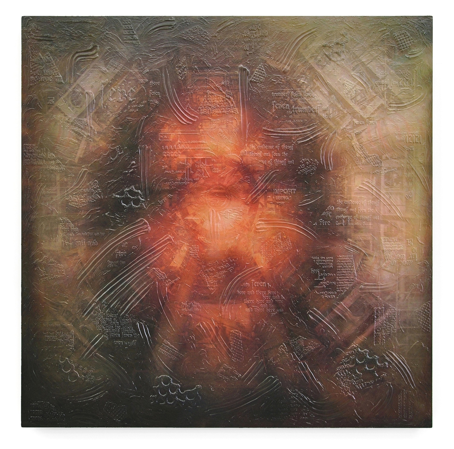 John Sousa, Theophanic Angel-Essentia, 2016. UV cured inks, alkyd and collage on aluminum honeycomb panels, 60 x 60 inches. Courtesy of the artist