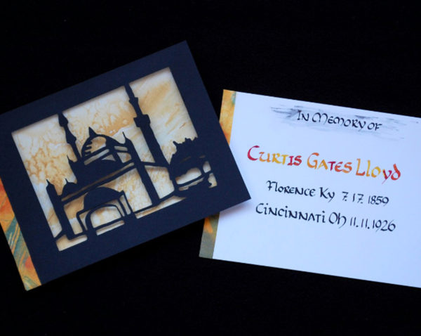 Marguerite Blythe Katchan, Egyption Echoes, February–March 2016. Book: Black Artagain Paper, Canson Cold press 140 lb Watercolor Paper, Schmincke watercolors, Duralar Polyester Film, Hollander’s Thai Marble Van Gogh paper, Embroidery Thread, Davey Board, 5 x 7 x 1 inches. Courtesy of Lloyd Library