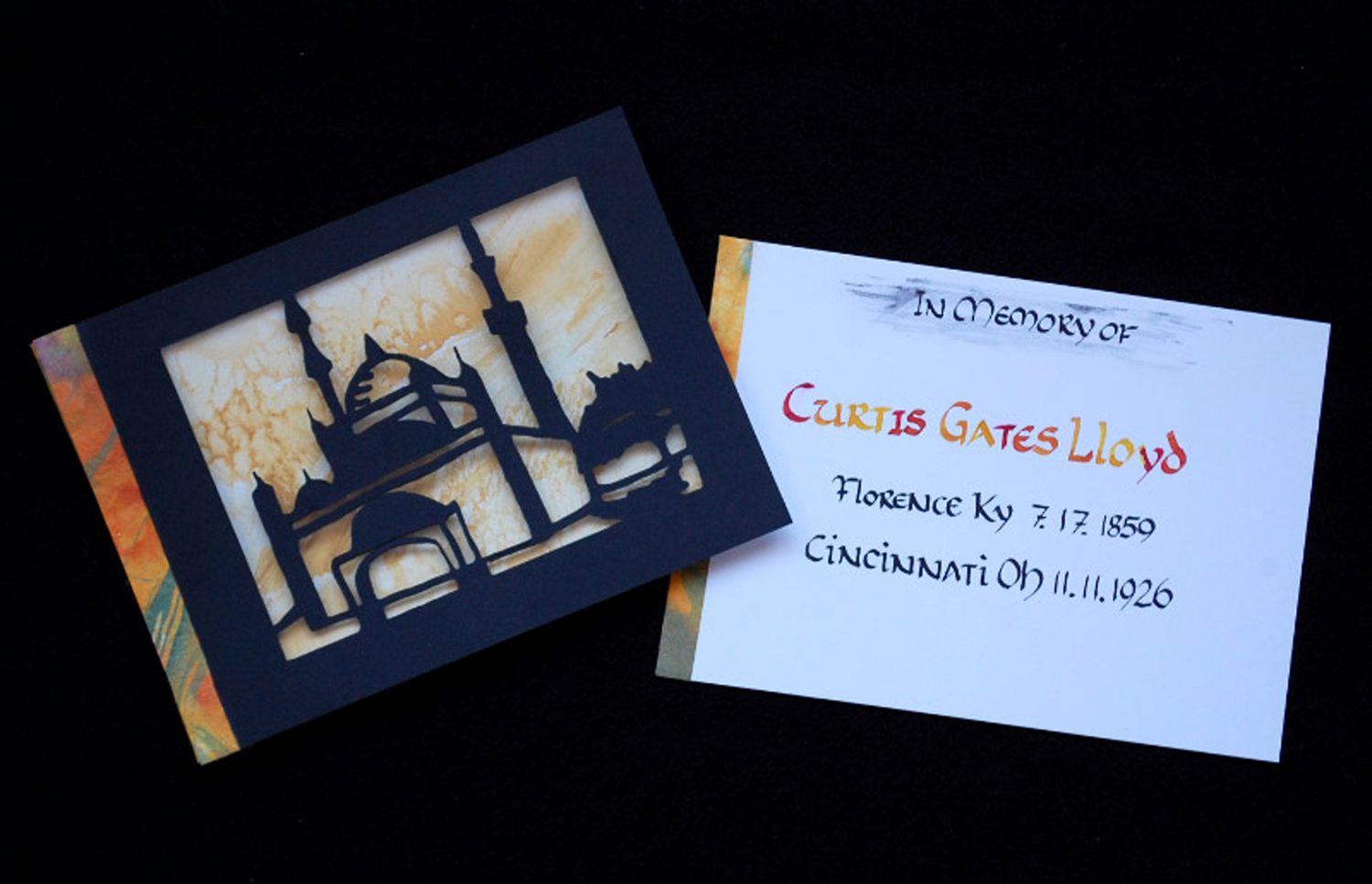 Marguerite Blythe Katchan, Egyption Echoes, February–March 2016. Book: Black Artagain Paper, Canson Cold press 140 lb Watercolor Paper, Schmincke watercolors, Duralar Polyester Film, Hollander’s Thai Marble Van Gogh paper, Embroidery Thread, Davey Board, 5 x 7 x 1 inches. Courtesy of Lloyd Library